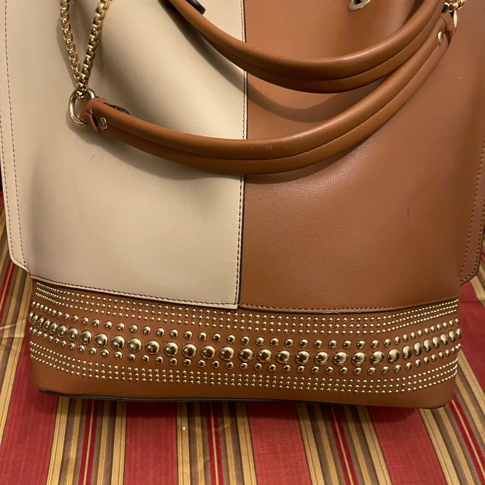Two-Tone Cream and Tan Studded Tote Bag